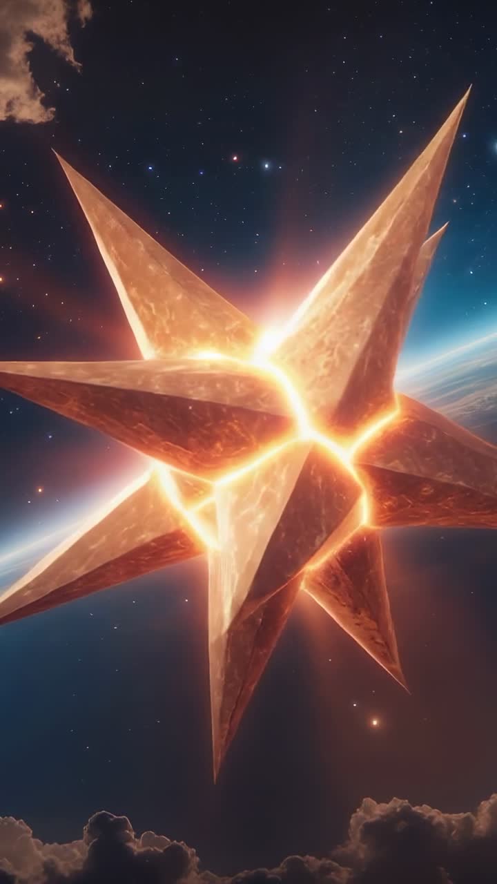 Vertical video: Entering orbit spiked starlike object rotating above horizon pulsing glowing seams