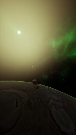 alien planet with green nebula and yellow star