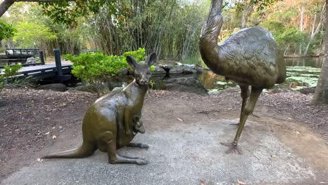 bronze kangaroo and emu statues in botanical garden