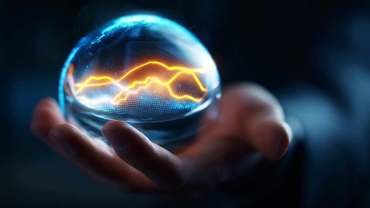 Futuristic Crystal Sphere Projecting Dynamic Financial Data Trends, Graphical Representation of Market Insights and Analytics in a Hand-Held Display Visualization for Data Analysis
