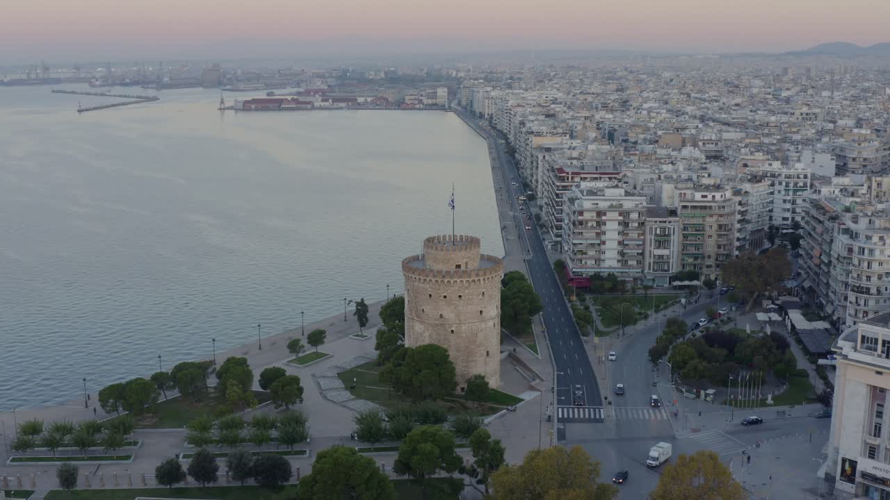 Aerial - Panoramic early morning shot of Thessaloniki