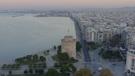 aerial - panoramic early morning shot of thessaloniki