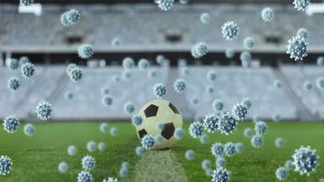 스포츠 경기장에서 축구공을 상대로 코로나19 세포