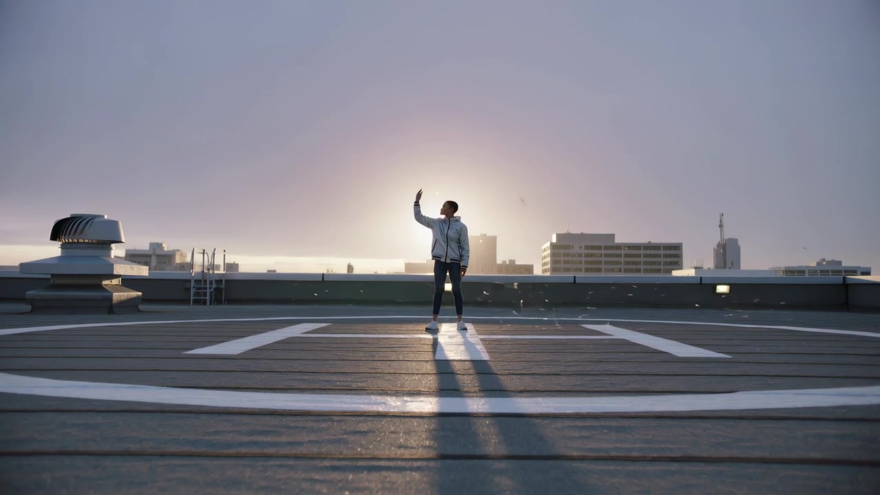 Standing man lifting hand and shielding eyes from low sun glare on rooftop helipad, particles