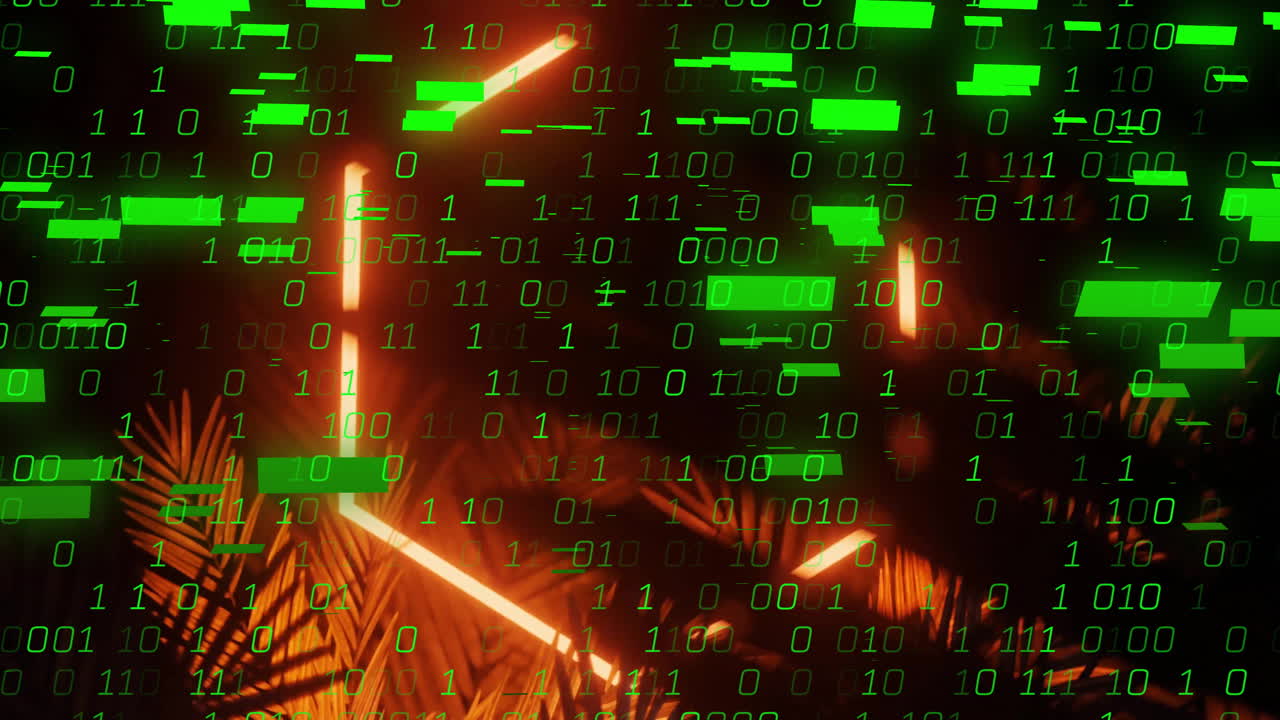 Binary code animation over neon lights and abstract shapes