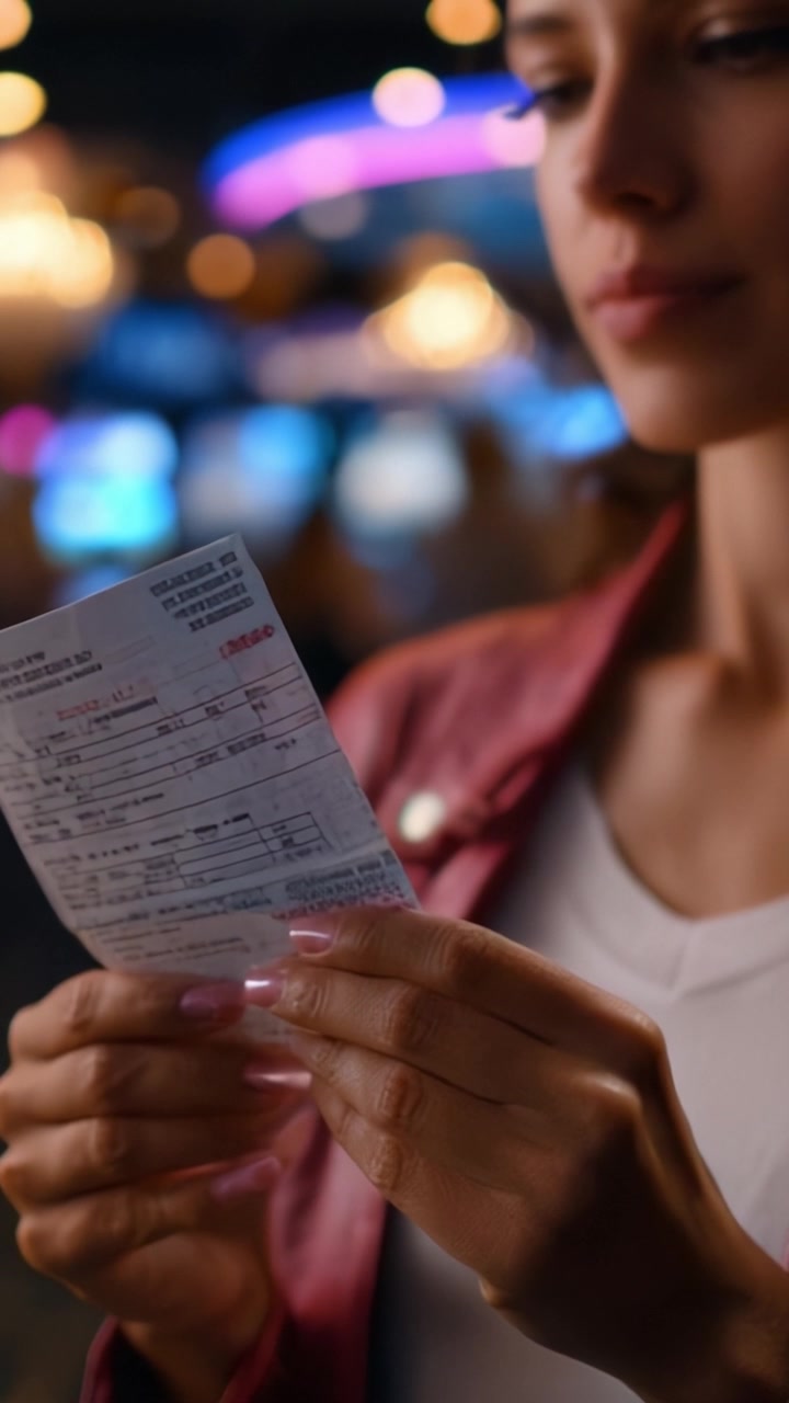 Una mujer examina de cerca un boleto de apuesta dentro de un vibrante casino, adornado con luces coloridas y una atmósfera cautivadora, destacando la anticipación y la emoción.