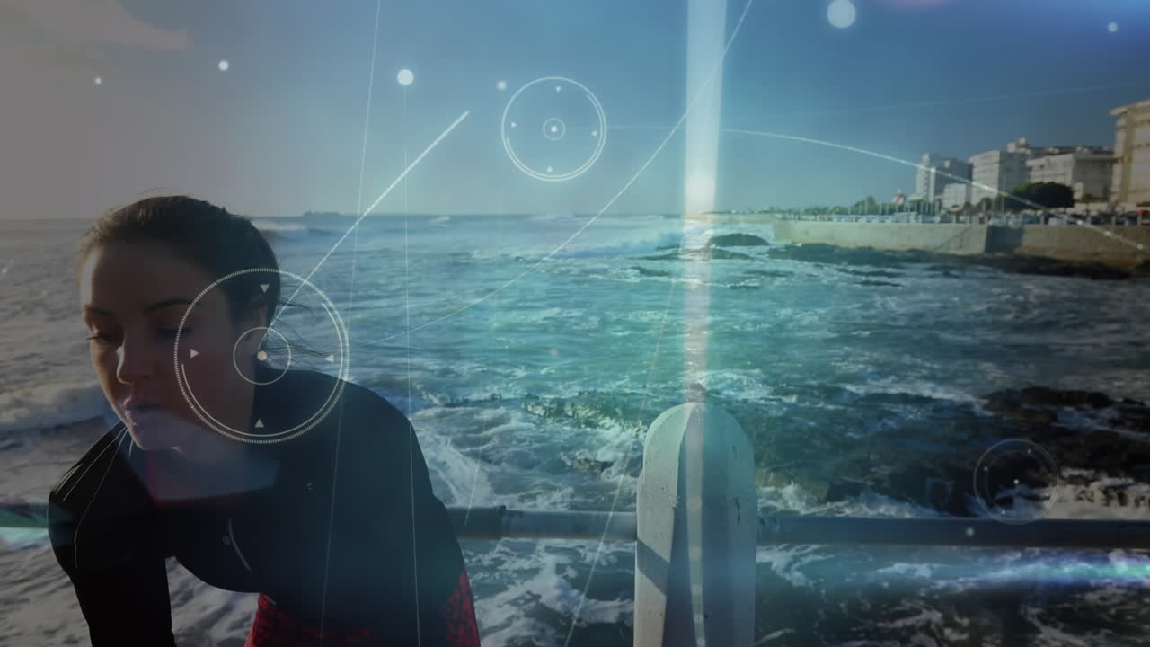 연결 네트워크의 애니메이션과 데이터 처리가 여성이 달리고 있습니다.