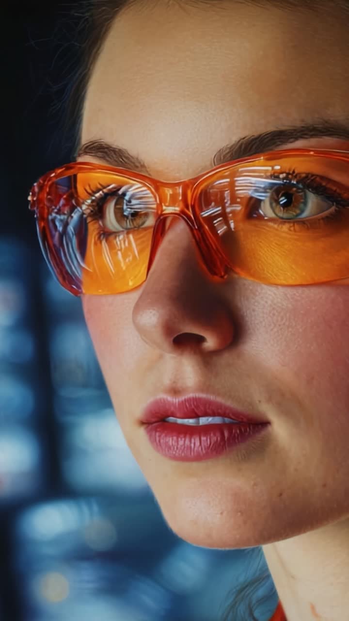 A close-up portrayal of a young woman's face, featuring her vibrant orange sunglasses that catch the light, highlighting her striking features and intense gaze, with a focus on beauty and style in a contemporary setting