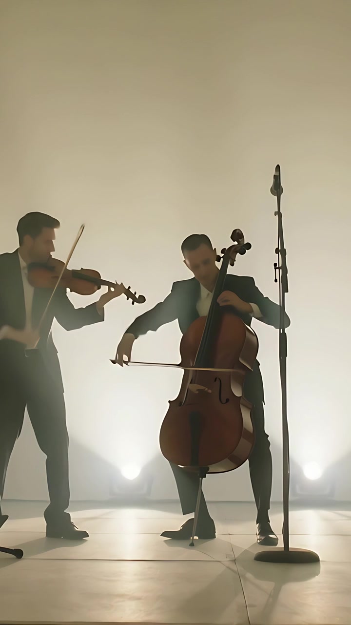 Vertical video: Lights cueing, violinist left, cellist right bowing on stage in suits for crowd