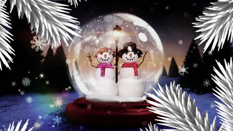 animación de ramas de abeto sobre el globo de nieve de navidad en un paisaje de invierno