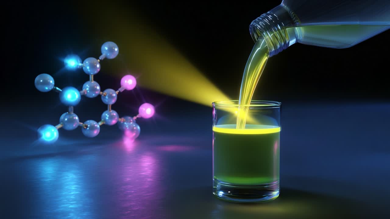 A mesmerizing demonstration of liquid dynamics as a vibrant yellow-green substance is poured from a bottle into a glass, captivatingly illuminated by a spectrum of colored lights and molecular structures in the background
