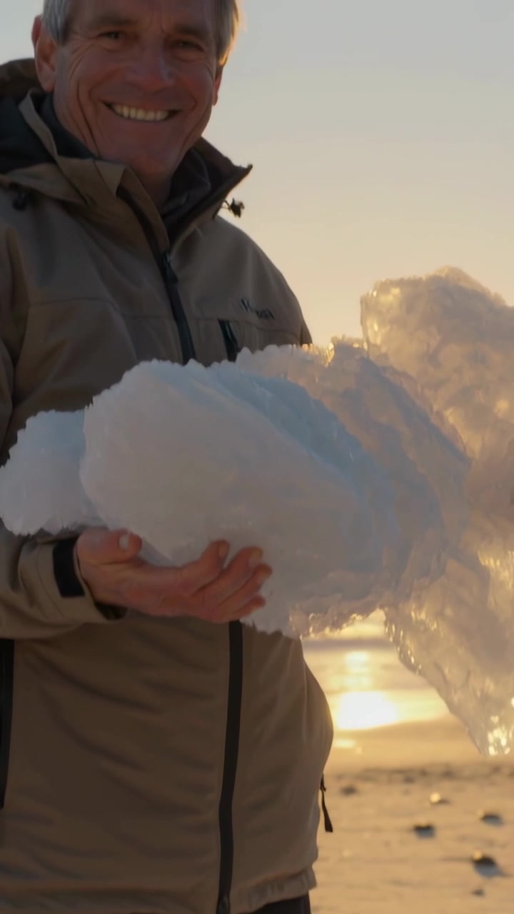 Video verticale: Telecamera che panoramica su un uomo anziano con giacca color cachi che presenta un pezzo di ghiaccio sulla spiaggia, sorridendo.