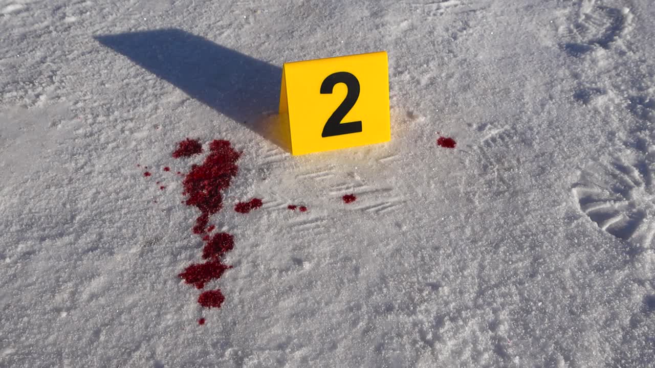Gul politividenskabelig efterforskningsmarkør på et gerningssted, placeret ved siden af en blodplet eller et blodsprøjt på en vinterhvid sneklædt vej på en solrig dag, mens optagelsen kredser omkring området