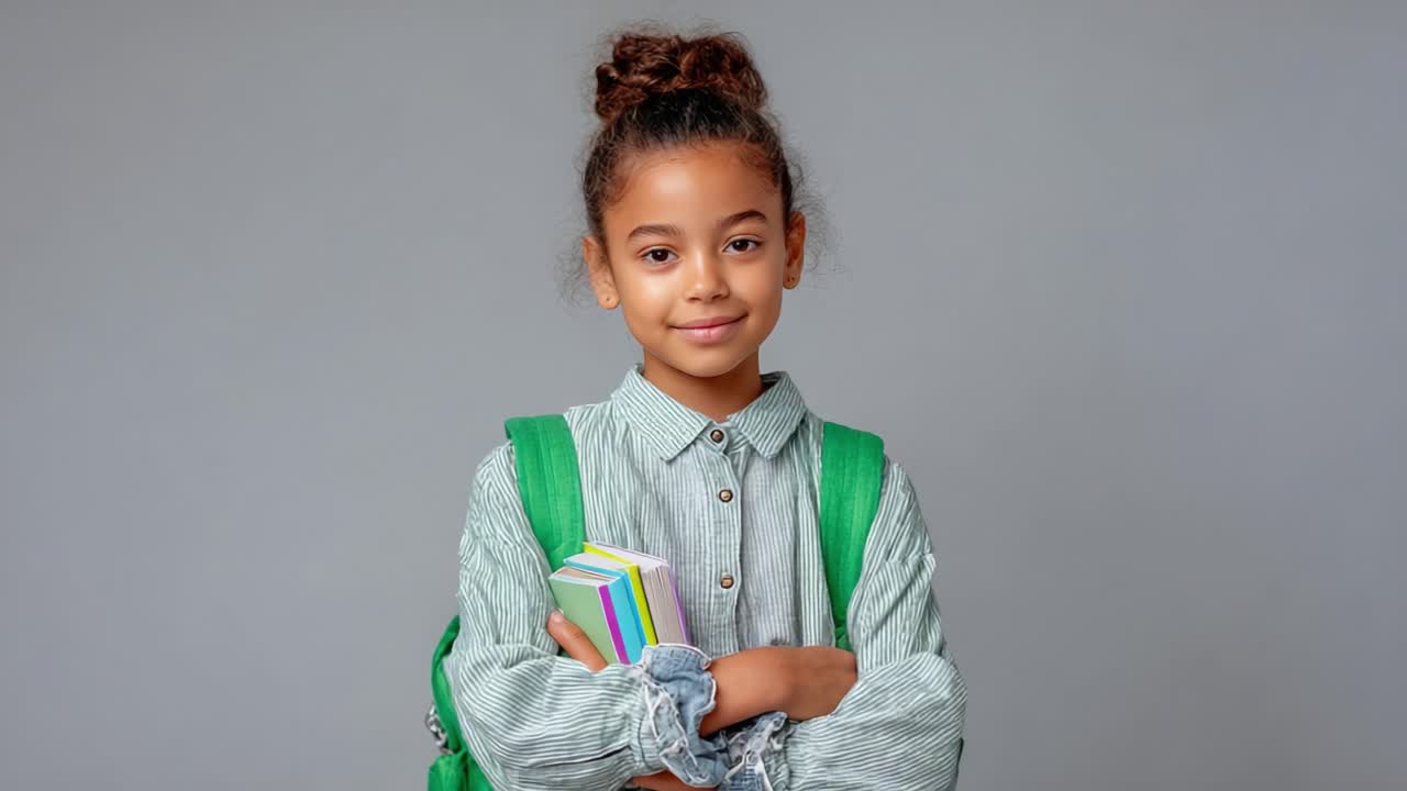 A Confident Young Girl with a Green Backpack and Colorful Books Preparing for School and Embracing Learning with a Bright Smile