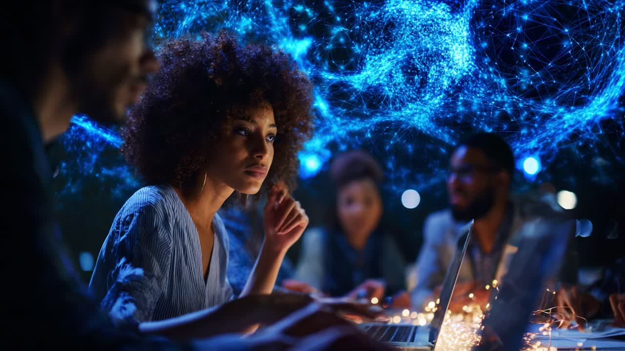 A group of diverse individuals engage in collaborative work while surrounded by a mesmerizing blue digital network, representing innovation and creativity in a modern setting