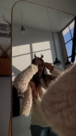 mujer peinando el cabello delante del espejo