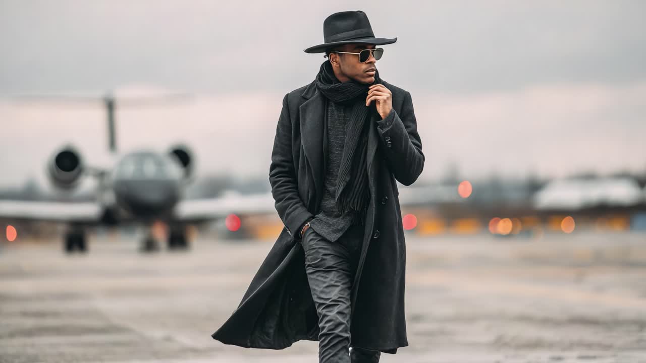 A Stylish Figure Walks Confidently Towards a Private Jet, Illuminated by Soft Overcast Light, Exuding Elegance in Fashion and Travel Amidst a Quiet Airport Setting