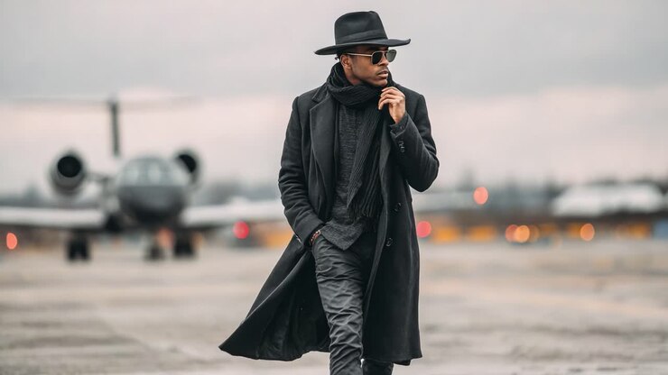 Una figura elegante cammina con sicurezza verso un jet privato, illuminato da una tenue luce soffusa, emanando eleganza nell'abbigliamento e nel viaggio in un tranquillo ambiente aeroportuale