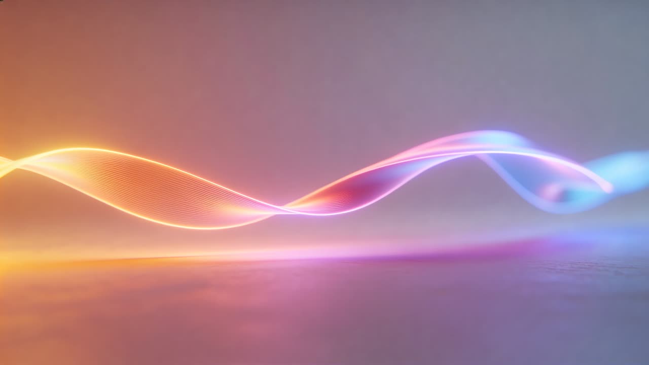 Par de cintas luminosas ondeando desde un pulso suave sobre un plano de espejo en un estudio fusionando tonos degradados