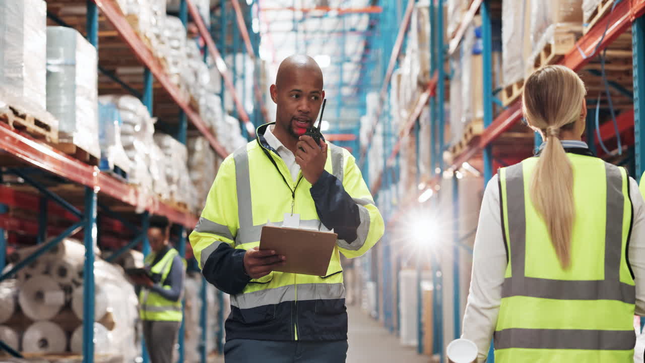 trabajadores del almacén que se comunican con walkie talkies
