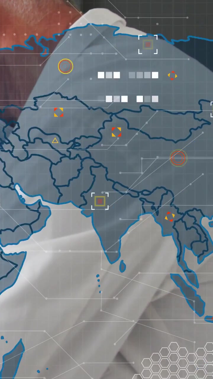 Vertical video: Senior doctor leaning forward, HUD map fading over lab coat for clinical insight