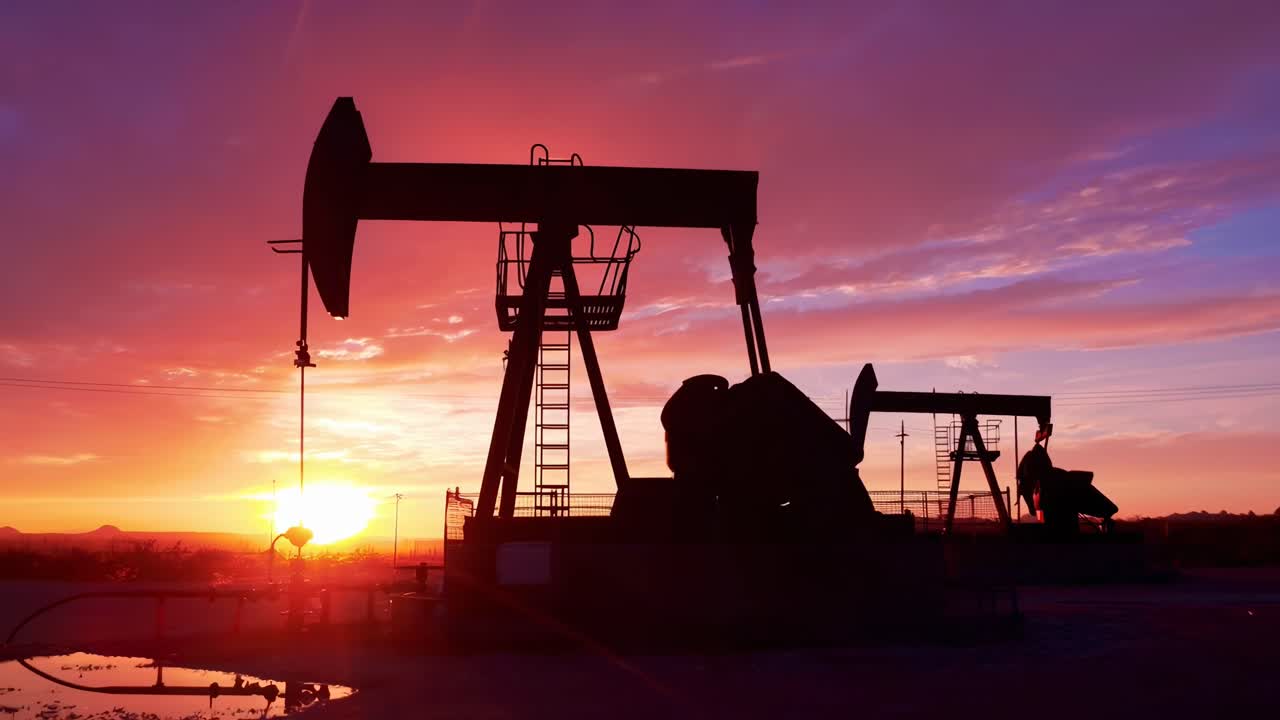 Silhouetted oil pumps at sunset, low-angle shot