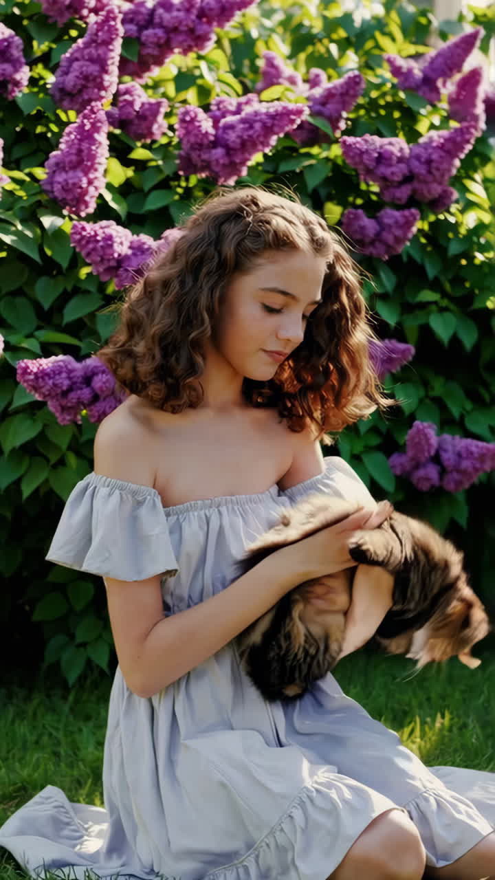 Young Woman Cuddling Her Cat in a Blooming Lilac Garden
