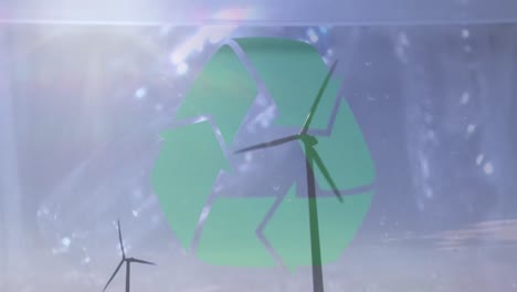 animation of green recycling sign over box with plastic bottles and wind turbines