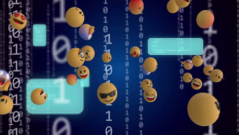 animation of emoji icons, binary coding and data processing