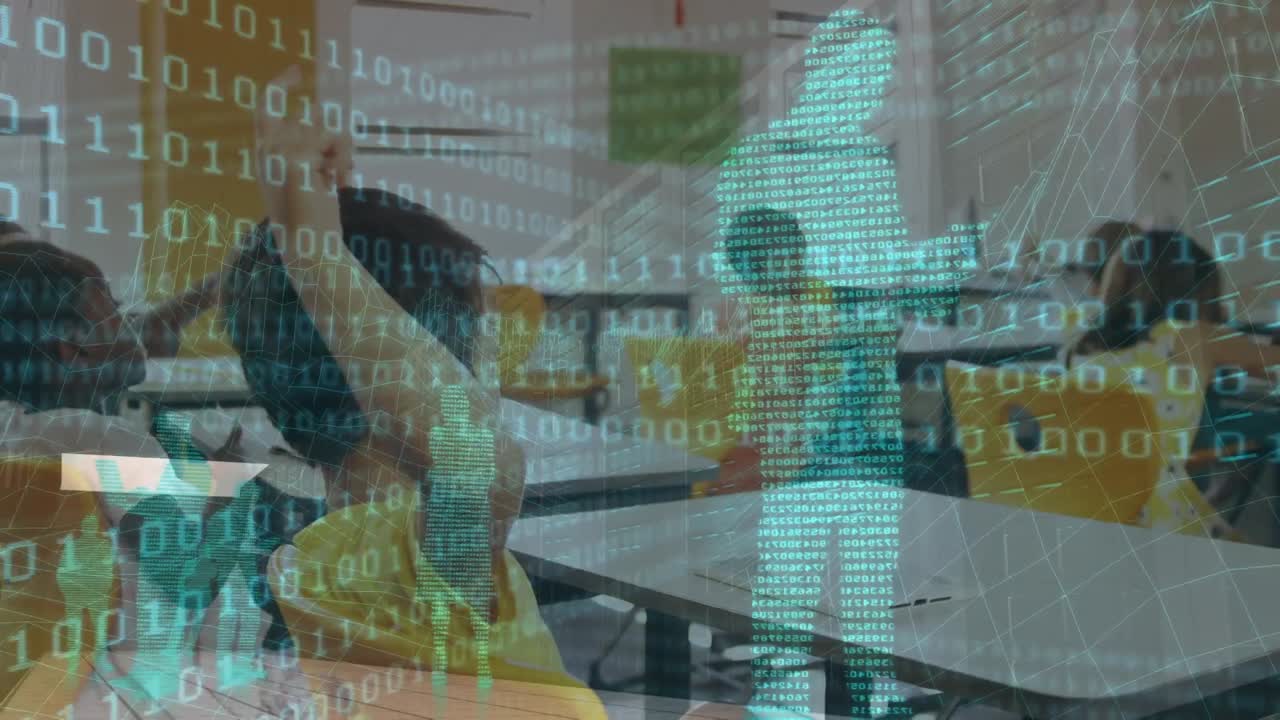 animación de codificación binaria y modelo de hombre de negocios contra un niño asiático levantando la mano en la escuela