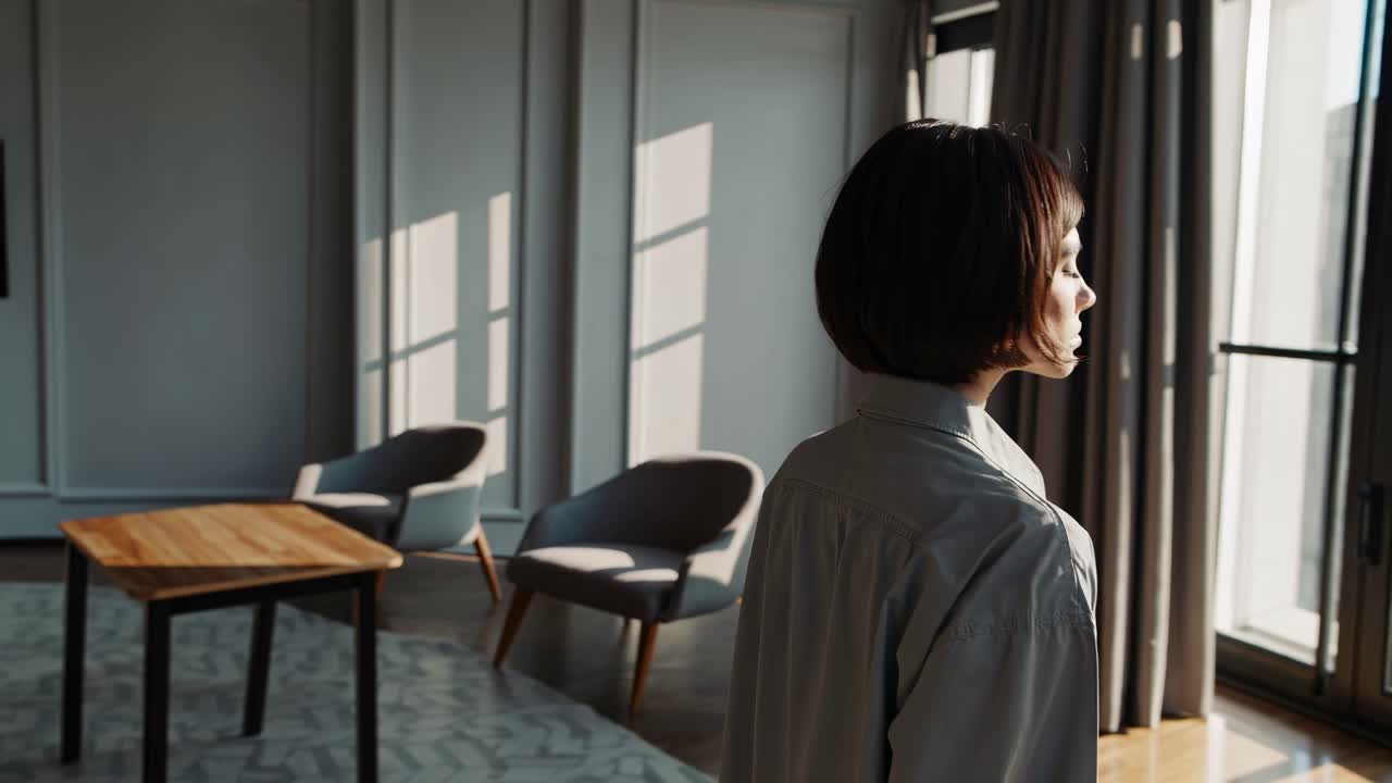A woman stands in a sunlit room, captured in a side profile