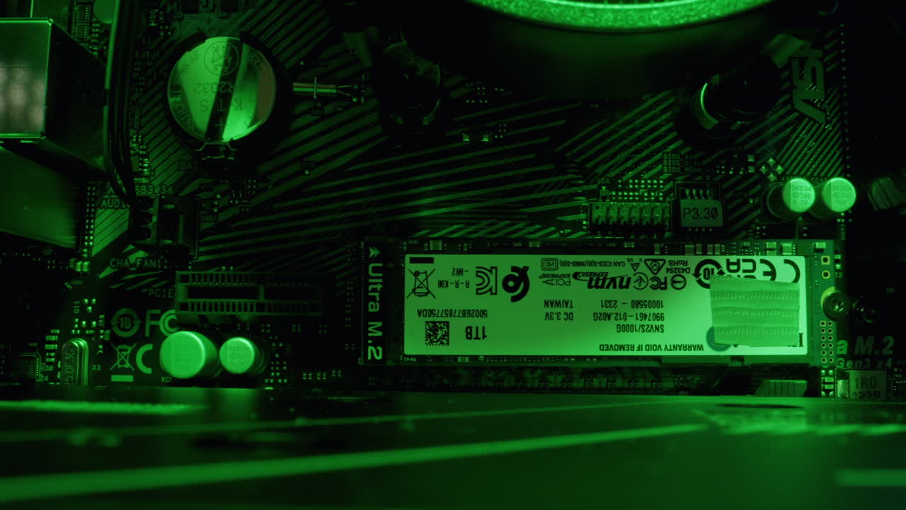 Closeup of a computer motherboard with an M.2 SSD