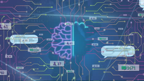 animación de la caja de mensajes y el texto ai en el cerebro sobre puntos que se mueven en el patrón de la placa de circuitos
