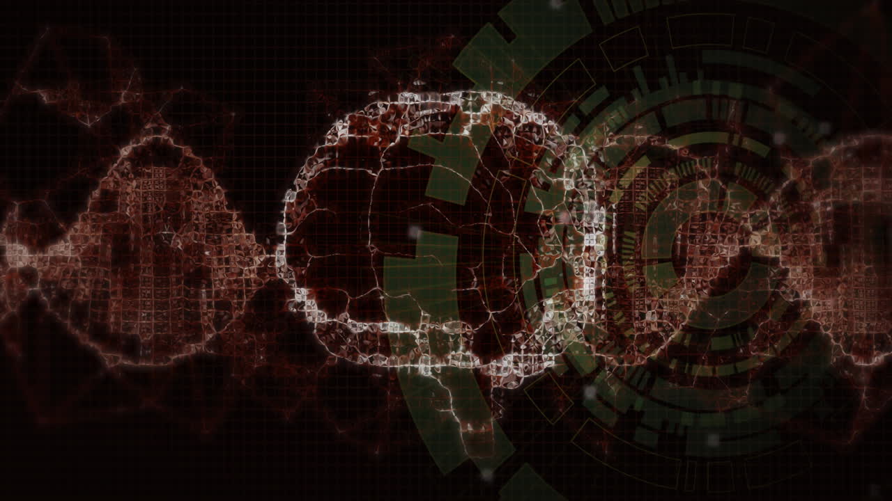 animación del procesamiento de datos científicos, cadena de adn y cerebro humano sobre un fondo oscuro
