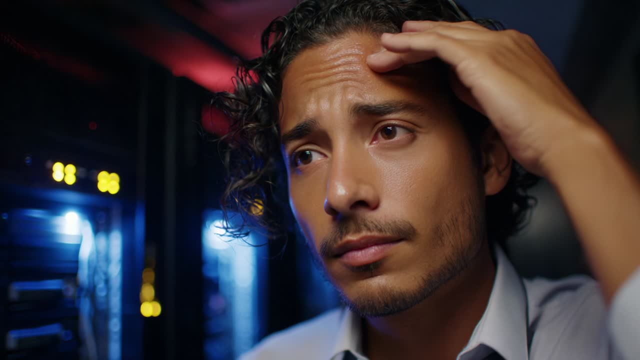 A man with curly hair experiencing frustration and concern while interacting with a computer server, showcasing emotions of stress and uncertainty in a high-tech environment at night