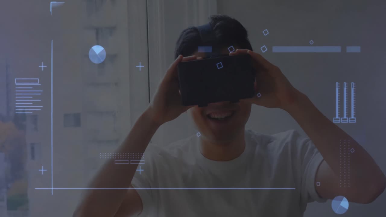 Digital interface with data processing against asian man wearing vr headset at home