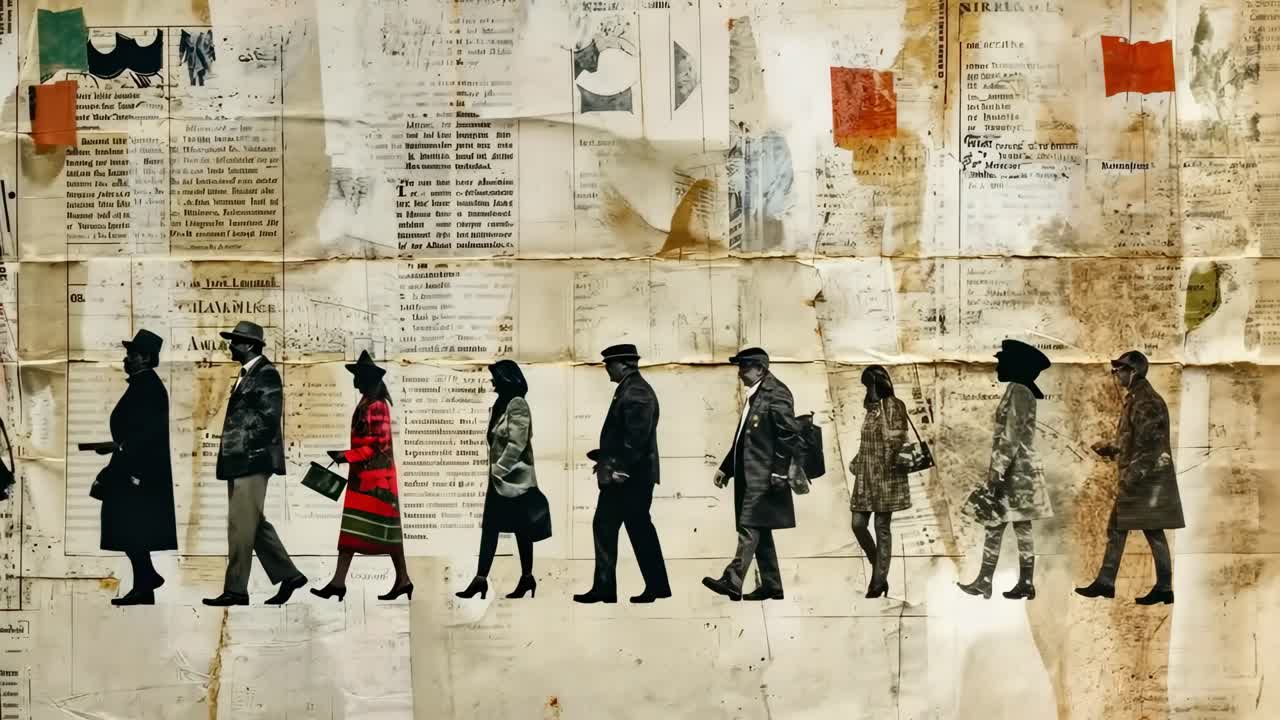 Silhouettes of people in vintage attire walking in profile against a textured, aged paper