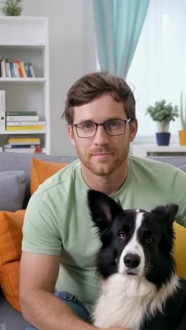 a man is sitting on a couch with his border collie dog at home.