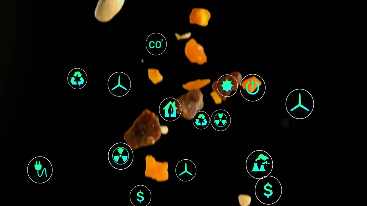 검은색 배경에 떨어지는 음식 조각 위에 에너지 및 환경 아이콘을 애니메이션