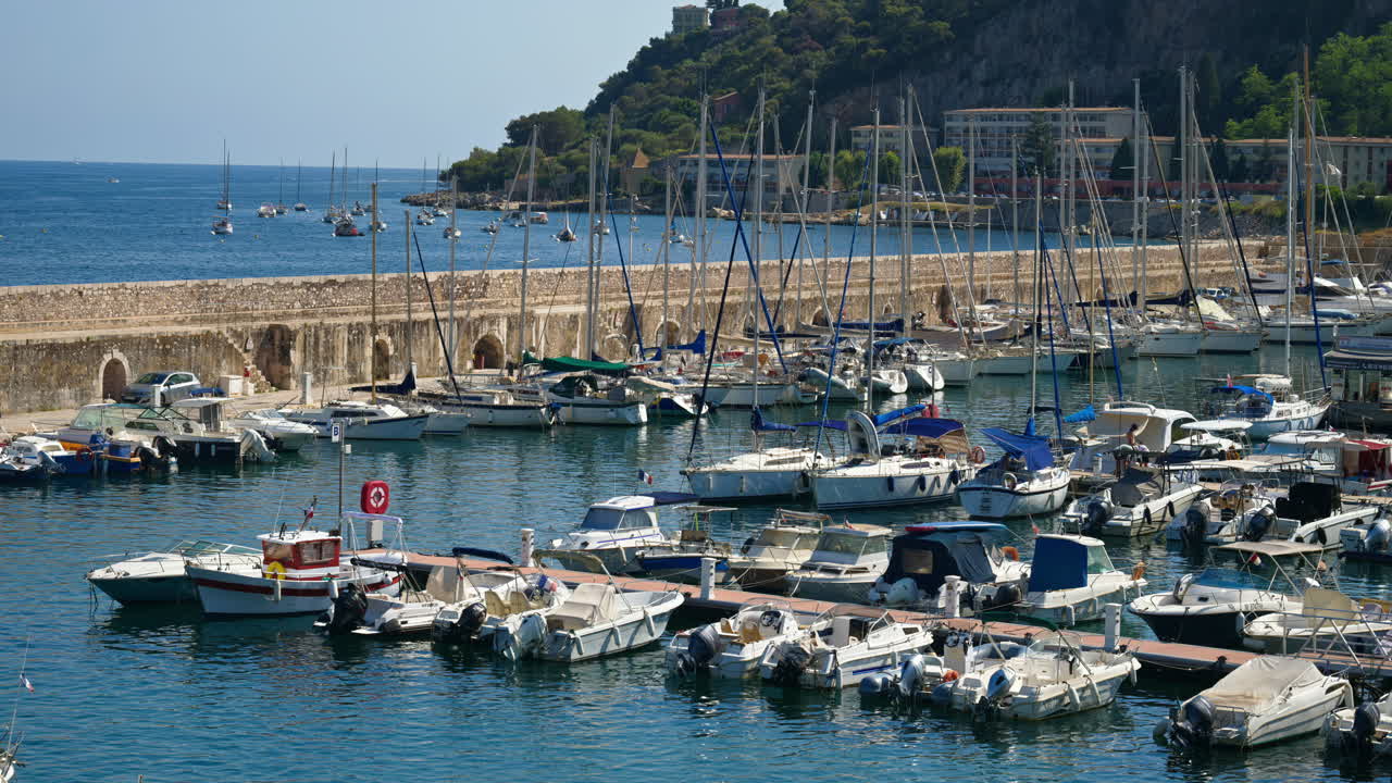 Boats docked in the harbour in Villefranche-sur-Mer, France