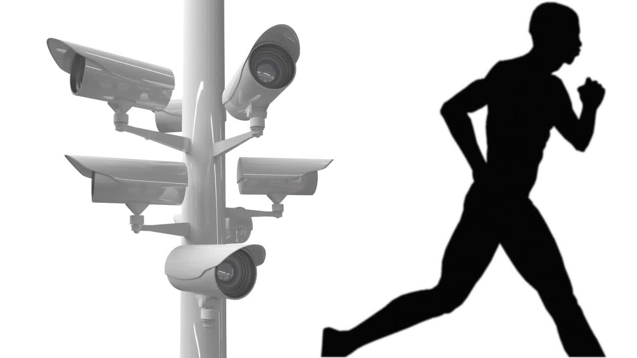 Animation of black silhouette of man running and cameras recording on white background.