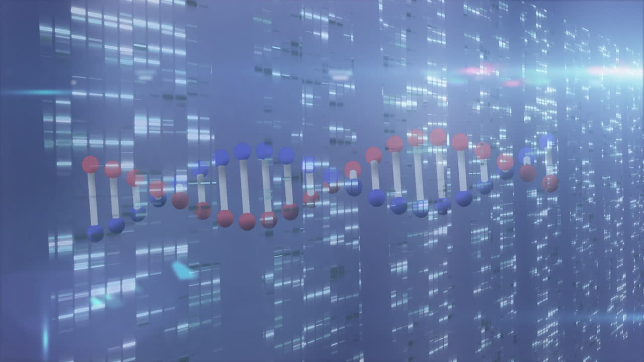 과학 데이터, dna 스트랜드 및 바이너리 코딩을 애니메이션으로 처리합니다.