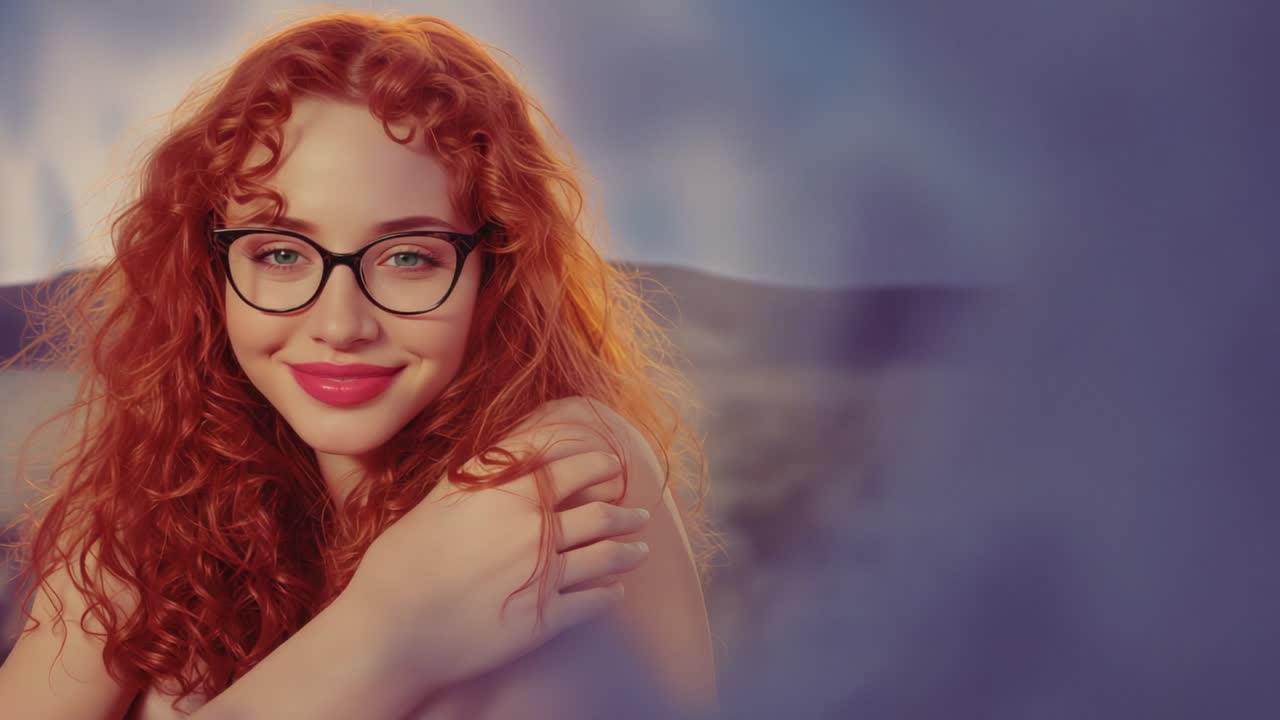 Woman wearing black eyeglass frames receiving golden haze, showing gradual smiling in desert dunes