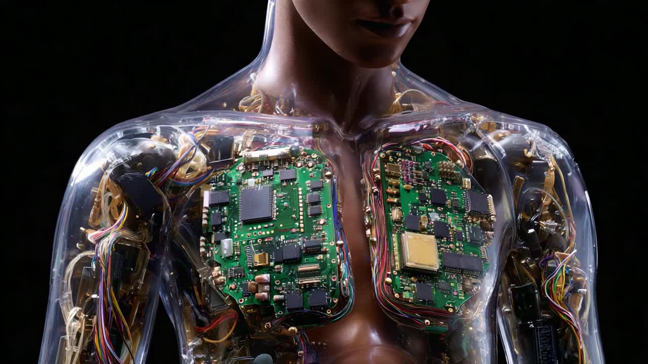 A Futuristic View of a Transparent Android Showcasing Its Intricate Circuitry and Components, Blending Humanity with Advanced Technology in an Artistic Presentation