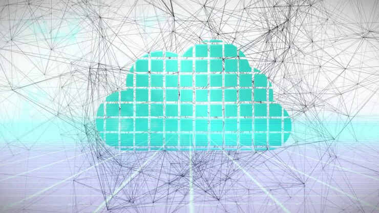 Animation of turquoise blocks forming digital cloud with network lines connecting
