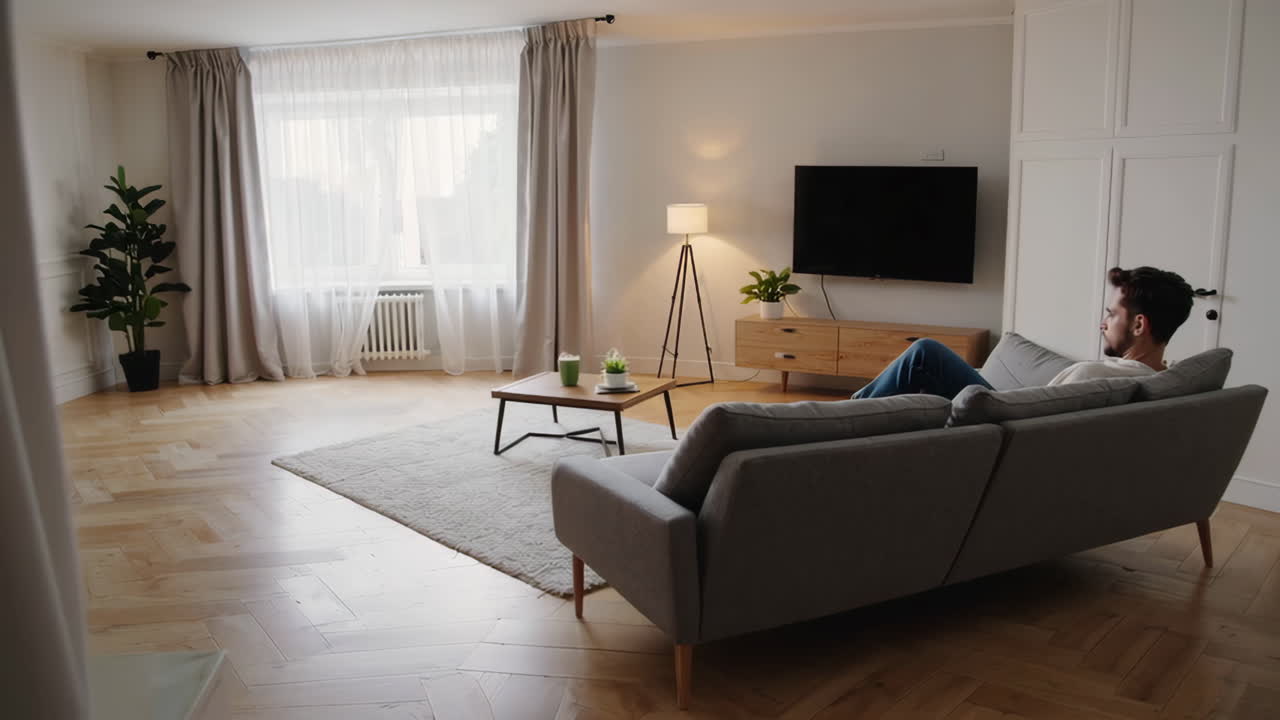 Man Relaxing on Sofa Watching TV in a Modern Living Room