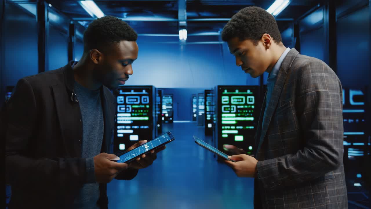 Two IT professionals managing a data center with tablets