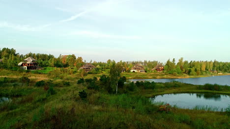 cabins by the lakeshore surrounded with trees and verdant nature