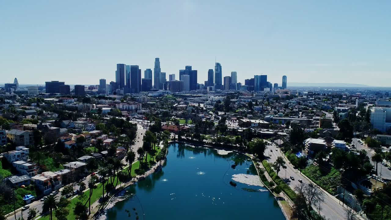 Aerial view of Echo Park Lake with downtown Los Angeles skyline in background