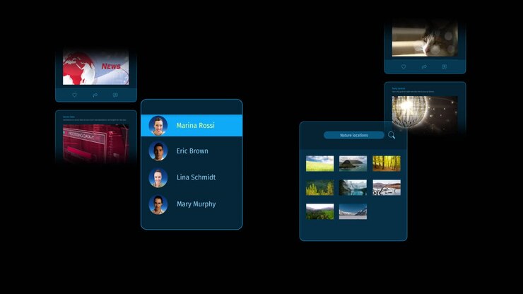 Animation of interface with social media posts and people profiles on black background